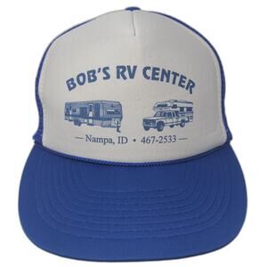Cameo Blue White Trucker Hat Bob's RV Center Nampa Idaho Snapback Foam Mesh Cap